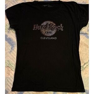 Hard Rock Cafe Cleveland Women's Black Rhinestone Bling SS Tee, Size Large